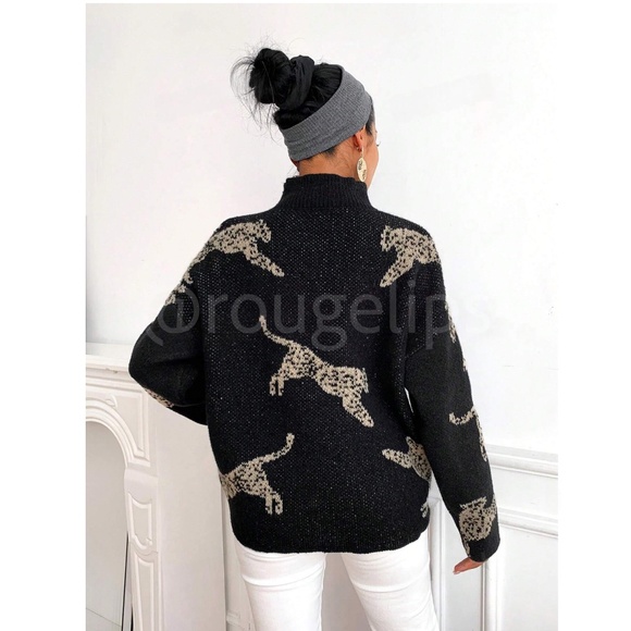 Black High Neck Knit Pullover Sweater Leopard Cheetah Print - Picture 3 of 7